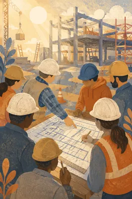 Construction Team Reviewing Morning Blueprint Plans