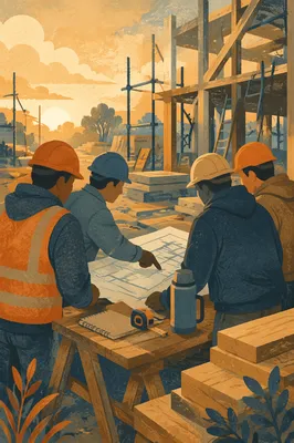 Hard Hat Workers Planning at Sunrise