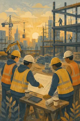 Construction Workers Planning at Sunrise Site
