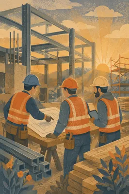 Construction Team Planning at Sunrise Worksite
