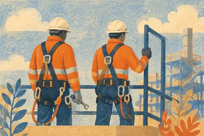 Construction Workers in Hard Hats and Harnesses