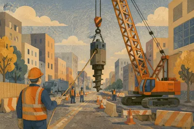 Urban Construction Workers Guiding Crane Load