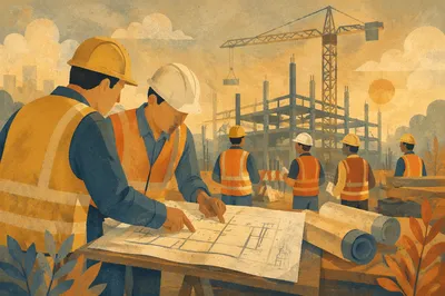 Construction Team Reviewing Blueprints at Dawn