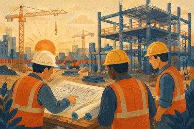 Construction Workers Reviewing Blueprints at Sunrise