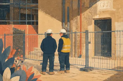 Construction Workers by Urban Renovation Fence