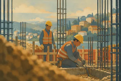 Construction Workers in Hard Hats on Site