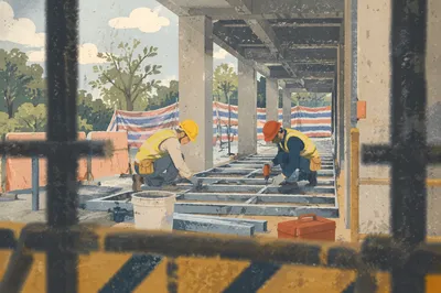 Construction Workers Framing Urban Walkway