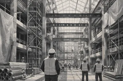 Commercial Construction Atrium with Hard Hat Workers