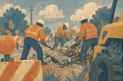 Construction Workers Clearing Roadside Concrete Debris