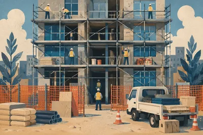 Construction Workers on Urban Scaffolding
