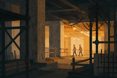 Hard Hat Workers in Night Construction Corridor