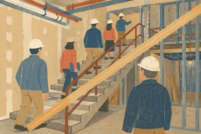 Construction Inspectors Walking Through Unfinished Stairwell