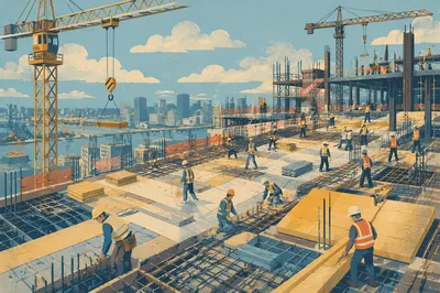 Urban Construction Workers on Industrial Roof Deck