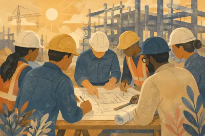 Construction Workers Reviewing Morning Blueprint Plans