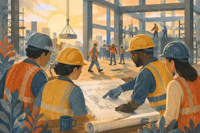 Construction Team Reviewing Plans at Sunrise