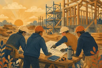 Construction Workers Planning at Sunrise Worksite