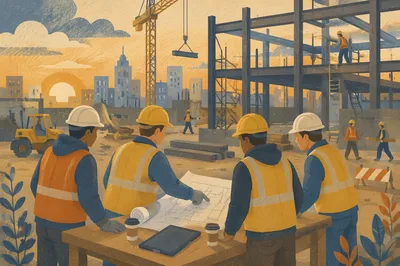 Construction Workers Reviewing Blueprints at Sunrise