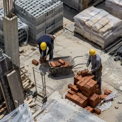 Construction Workers Staging Bricks in Hard Hats