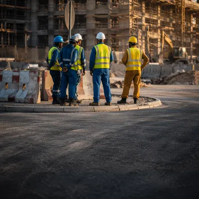 Construction Crew Planning Beside Urban Work Zone