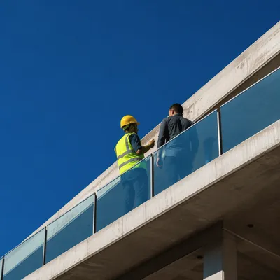 Construction Workers Discussing Project on Balcony