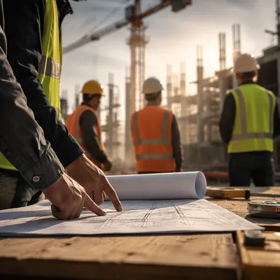 Construction Team Reviewing Blueprints at Sunrise