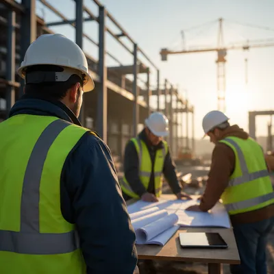 Construction Team Reviewing Plans at Sunrise