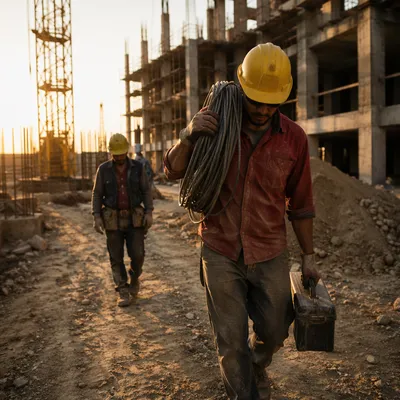 Construction Workers in Golden Hour Building Site