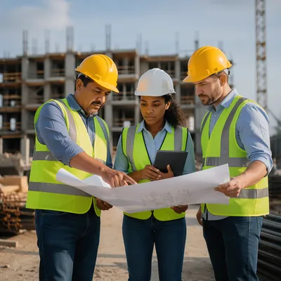 Construction Team Reviewing Blueprint at Sunrise