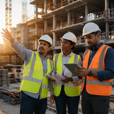Construction Team Reviewing Plans at Sunrise