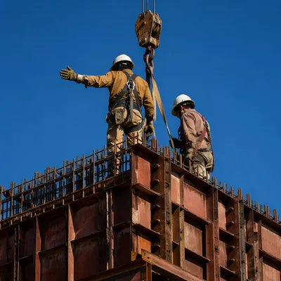 Construction Workers on High Rebar Framework