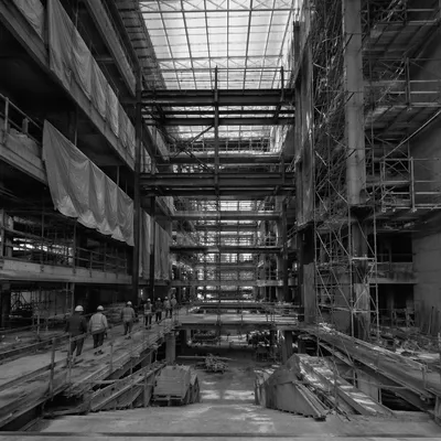 Hard Hat Crews in Unfinished Commercial Atrium
