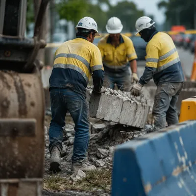 Construction Workers Clearing Roadside Concrete Debris