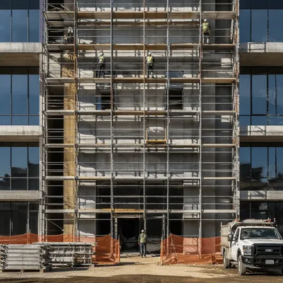 Commercial Construction Workers on Urban Scaffolding