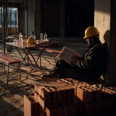 Construction Worker Resting in Sunlit Unfinished Site