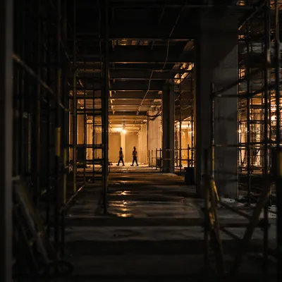 Night Construction Workers in Commercial Building