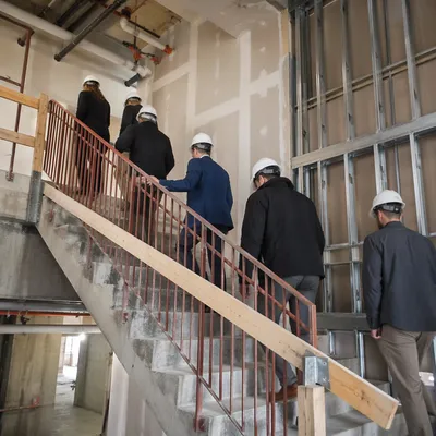 Construction Inspectors Walking Through Unfinished Stairwell