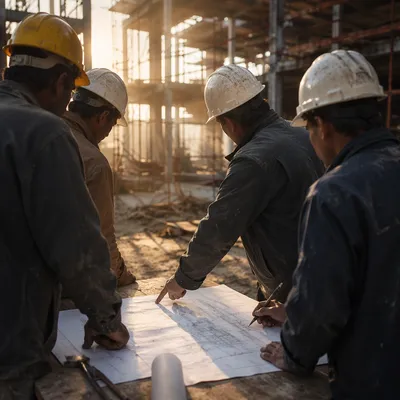 Construction Workers Reviewing Morning Blueprint Plans