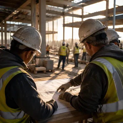 Construction Team Reviewing Plans at Sunrise