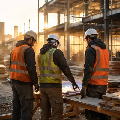 Construction Workers Planning at Sunrise Site