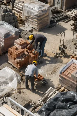 Construction Workers Staging Bricks in Sunlight