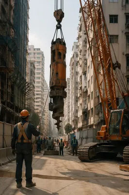 Urban Construction Crane and Hard Hat Workers