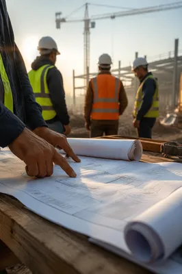 Construction Team Reviewing Blueprints at Sunrise