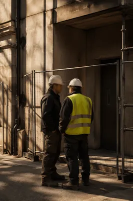 Construction Workers by Urban Renovation Fence