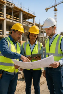 Construction Workers Reviewing Blueprint on Site