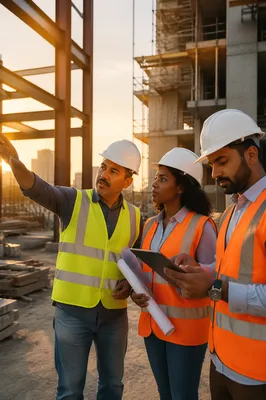 Construction Team Reviewing Plans at Sunrise