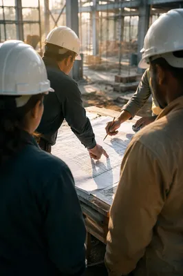 Construction Team Reviewing Blueprint at Sunrise