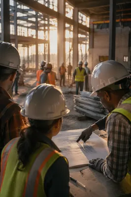 Construction Team Reviewing Plans at Sunrise