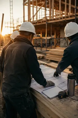 Construction Workers Planning at Sunrise Site