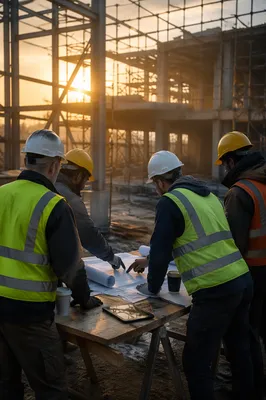 Construction Team Reviewing Blueprints at Sunrise