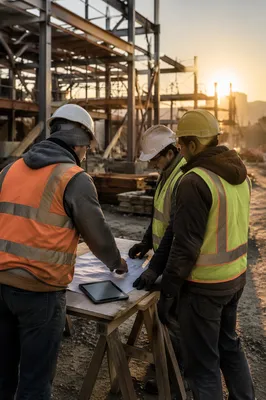 Hard Hat Construction Team Planning at Sunrise
